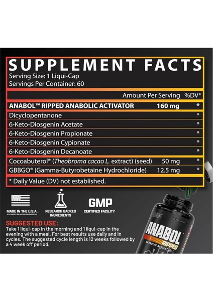 Anabol Ripped Anabolic Muscle Builder for Men, 2'si 1 Arada Takviye, 60 Capsul.Usa Version