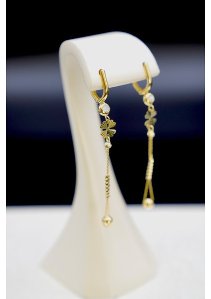 Sallantılı Yonca Yapraklı Dorikalı Küpe 14 Ayar fiyatları