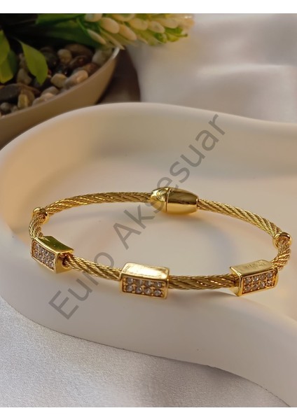 Gold Zirkon Taşlı Mıknatıslı Çelik Kelepçe Bileklik fırsatları