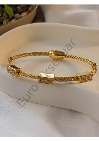 Gold Zirkon Taşlı Mıknatıslı Çelik Kelepçe Bileklik indirimleri