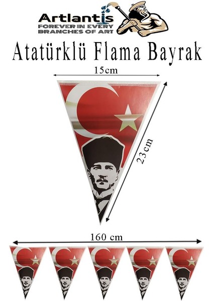 Atatürklü Flama 1 Adet Ata Flama Süsleme 29 Ekim 23 Nisan Üçgen Kağıt Flama Milli Bayram Süsü Sınıf Okul Süsleme