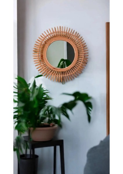 Rattan Bambu Dekor Ayna,konsol Ayna,dresuar Ayna,yuvarlak Duvar Aynası 53 cm