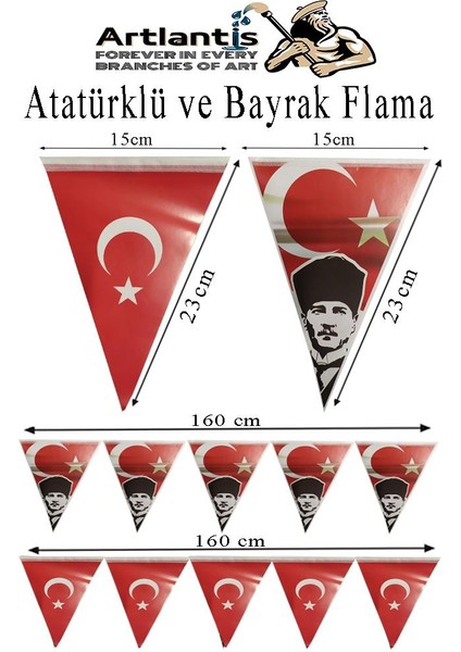 Bayrak Ve Atatürklü Flama 2 adet Ay Yıldız Bayraklı Atalı Flama Süsleme 29 Ekim 23 Nisan Üçgen Kağıt Flama Okul Sınıf Süsü