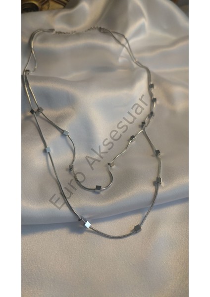 Silver Küp Detaylı Ikili Kolye