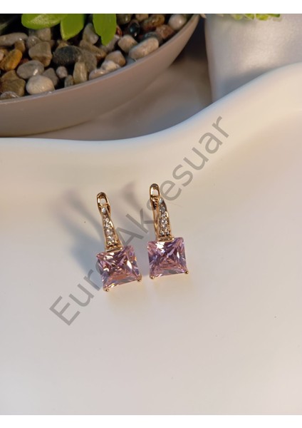 Xuping Jewelry Pembe Zirkon Taşlı Vıp Küpe