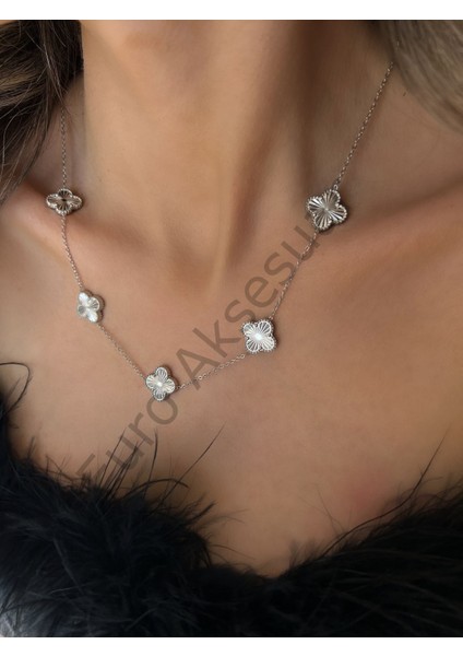 Silver Yonca Detaylı Çelik Kolye