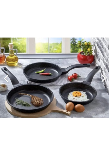 Döküm Granit Tava Seti 20 cm 24 cm 28 cm Yapışmaz Siyah Renk Dayanıklı Kullanım