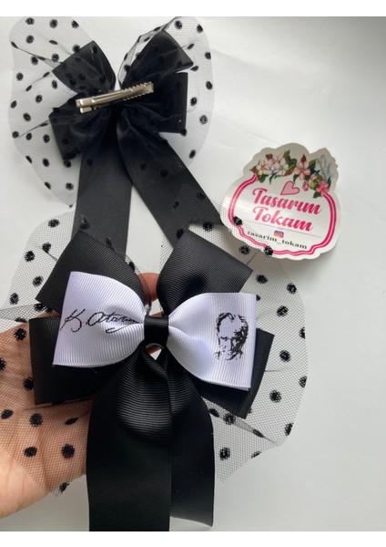 10 Kasım Atatürk'ü Anma Günü Tüllü Fiyonk Toka K. Atatürk ve Imza Baskılı Siyah Beyaz Çocuk Tokası modelleri