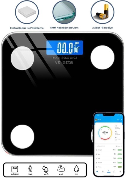 İnferno Pil Hediyeli Dijital Baskül Yağ Su Kas Vücut Kitle Endeksi Kilo Ölçer Tartı Siyah
