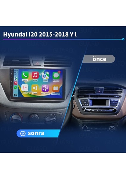 Hyundai I20 2015-2018 Android Kablosuz Carplay Navigasyon Multimedya 9 Inch Ekran 4G Ram+ 32GB Hafıza Çerçeve ve Arka Görüş Kamerası ile