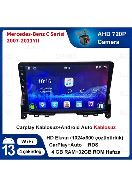 Mercedes Benz C 2007-2011 Android Sürüm 13 Kablosuz Carplay Navigasyon Multimedya 9 Inç Ekran 4G Ram + 32GB Hafıza Çerçeveli ve arka görüş kameralı