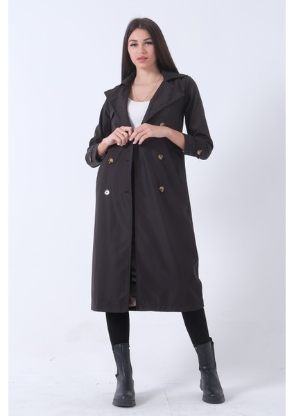 Siyah Ekose Astarlı Düğmeli ve Kemerli Trençkot 0204049.01