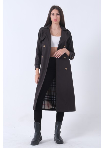 Siyah Ekose Astarlı Düğmeli ve Kemerli Trençkot 0204049.01 fiyatları