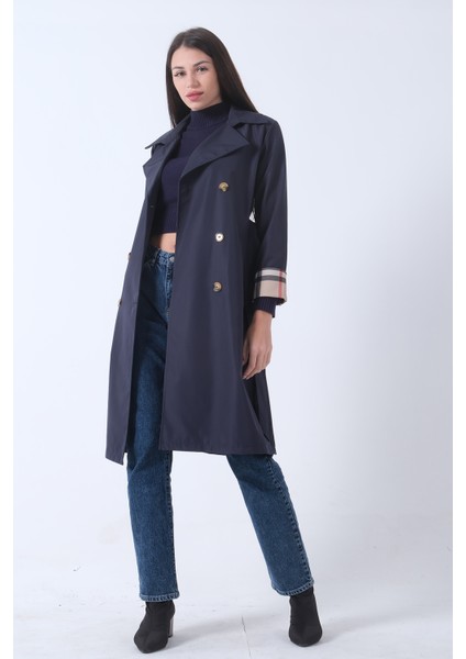Lacivert Ekose Detaylı Düğme ve Kuşaklı Trençkot 0202027.02