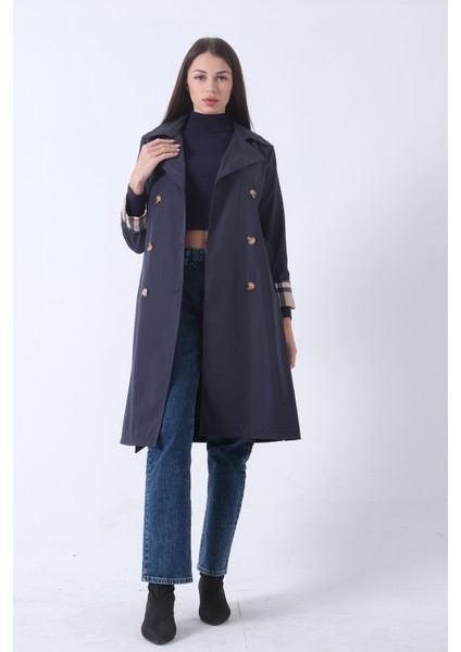 Lacivert Ekose Detaylı Düğme ve Kuşaklı Trençkot 0202027.02 fiyatları