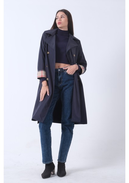 Lacivert Ekose Detaylı Düğme ve Kuşaklı Trençkot 0202027.02 modelleri