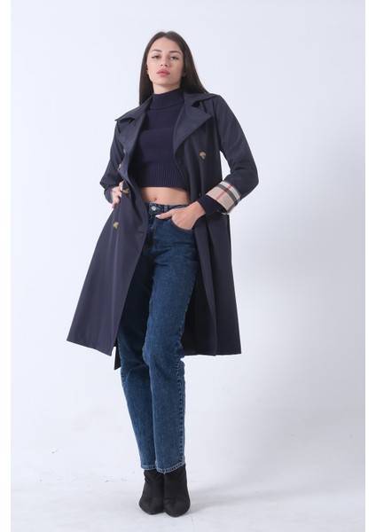 Lacivert Ekose Detaylı Düğme ve Kuşaklı Trençkot 0202027.02 fırsatları