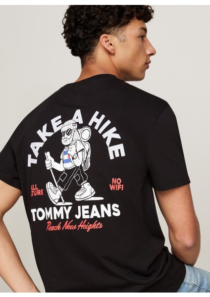 Tommy Jeans Bisiklet Yaka Baskılı Siyah Erkek T-Shirt DM0DM19704BDS Reg Outd