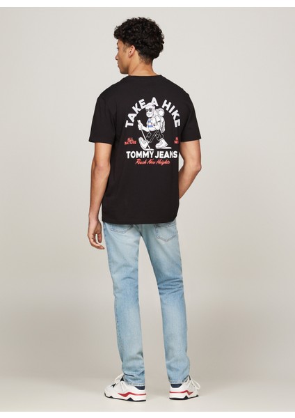 Tommy Jeans Bisiklet Yaka Baskılı Siyah Erkek T-Shirt DM0DM19704BDS Reg Outd