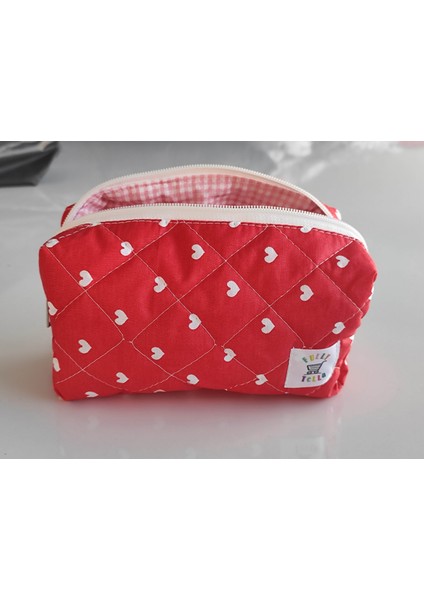 Makyaj Çantası, Kırmızı Kalp Desenli Orta Boy