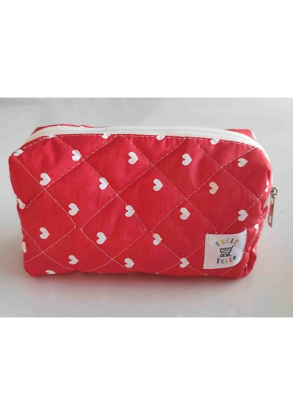 Makyaj Çantası, Kırmızı Kalp Desenli Orta Boy fiyatları