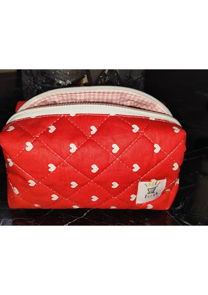 Makyaj Çantası, Kırmızı Kalp Desenli Orta Boy modelleri