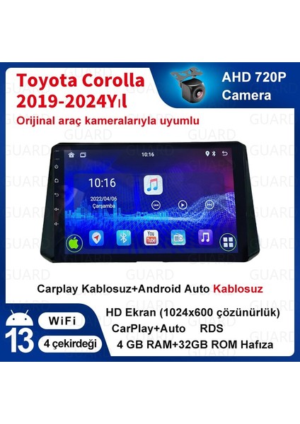 Toyota Corolla 2019-2024 Android Kablosuz Carplay Navigasyon Multimedya 10 Inch Ekran 4G Ram + 32GB Hafıza Çerçeveli ve arka görüş kameralı