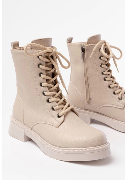 02-356 Bej Galata Düz Topuklu Bağcıklı Fermuarlı Günlük Kadın Bot indirimleri