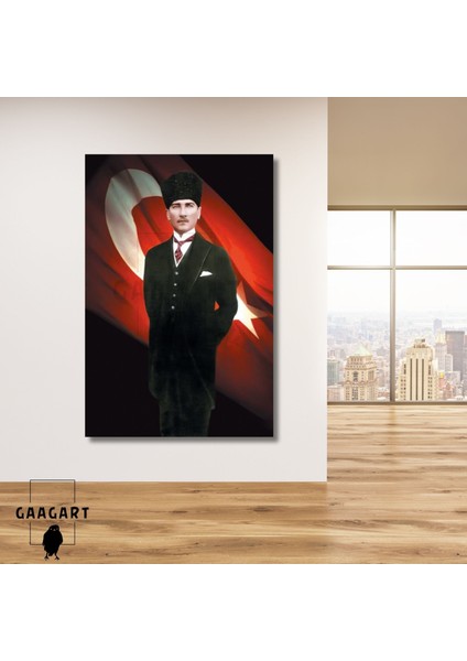 Tekli Dikey Kanvas Duvar Tablosu Türk Bayrağı ve Atatürk