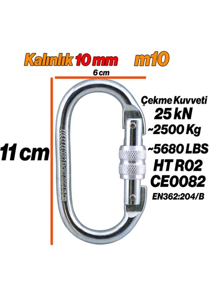 Oval Karabina Kilitli 10 mm Kanca Paslanmaz Çelik Kilit Tırmanma Kamp Ekipman Tırmanış Ip Askı Kilid