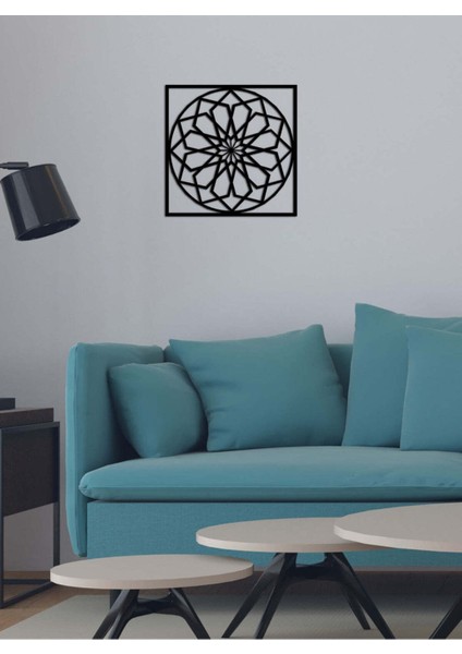 - Geometric Flower Metal Duvar Tablosu - Ev Duvar Dekorasyonu - 50 X 50 - Cm -Siyah - Deco-051