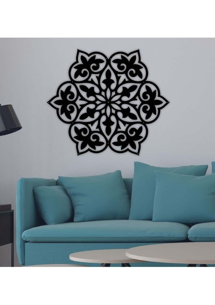 - Çiçeksi Mandala Metal Duvar Tablosu - Ev Duvar Dekorasyonu - 70 X 60 - Cm -Siyah - Deco-144