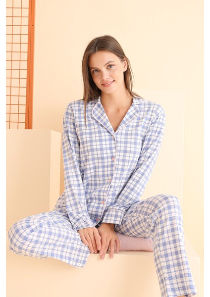 Nbb Mavi Plaid Stripes Önden Düğmeli Pijama Takımı 68081