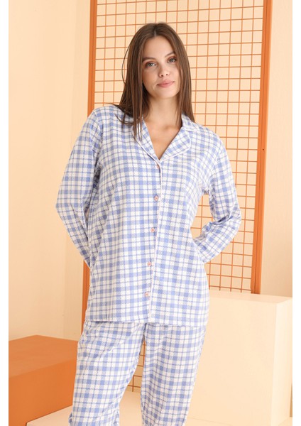 Nbb Mavi Plaid Stripes Önden Düğmeli Pijama Takımı 68081