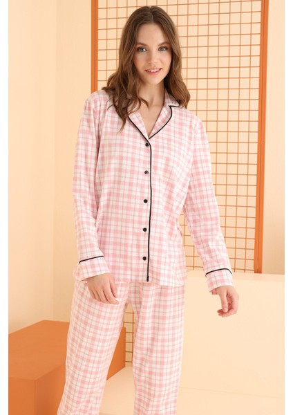 Somon Plaid Stripes Önden Düğmeli Pijama Takımı