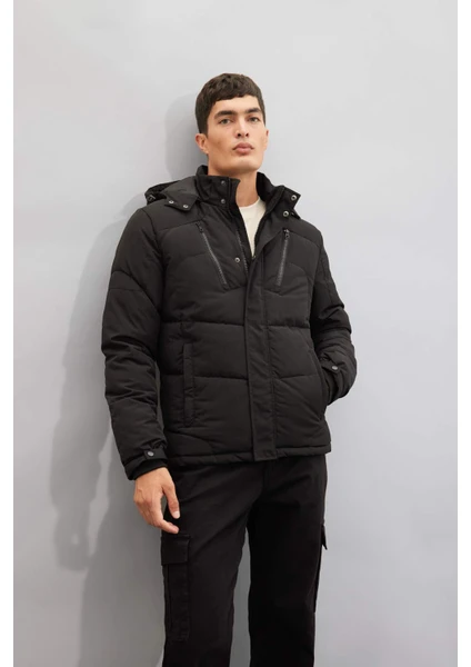 Su İtici Mont Slim Fit Dar Kesim Kapüşonlu Polar Astarlı Fermuarlı U9773AZ24WN