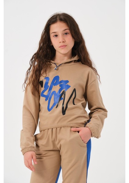 Unisex Çocuk Baskılı Kapüşonlu Sweatshirt - Bej fiyatları