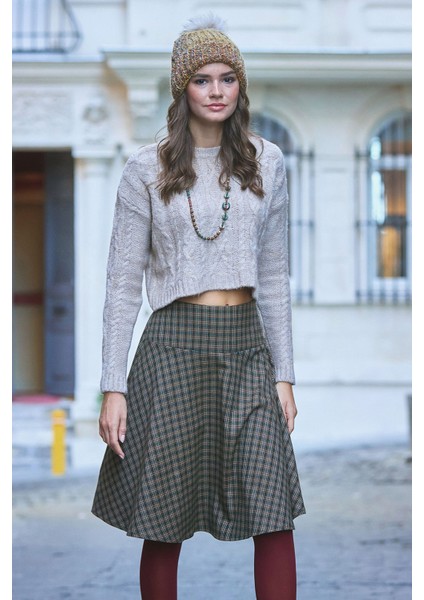 Bohem Tarz Kahve Kareli Kloş Etek modelleri