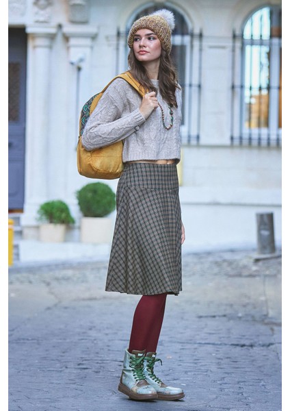 Bohem Tarz Kahve Kareli Kloş Etek indirimleri