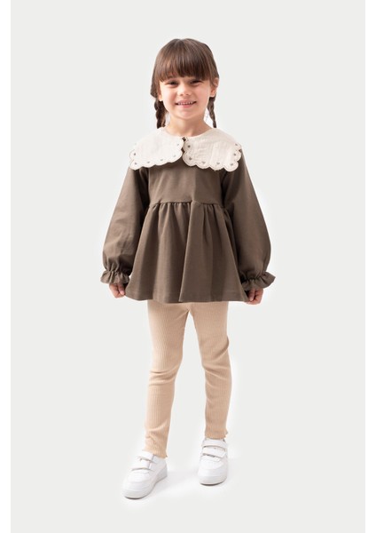 (2-5 Yaş) Kalp Yaka Nakış Desenli Oversize Taytlı Kız çoçuk takımı - Yeşil