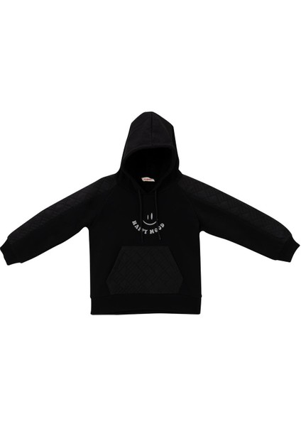 Kız Çocuk Reglan Kollu Baskı Detaylı Kapitoneli Sweatshirt - Siyah