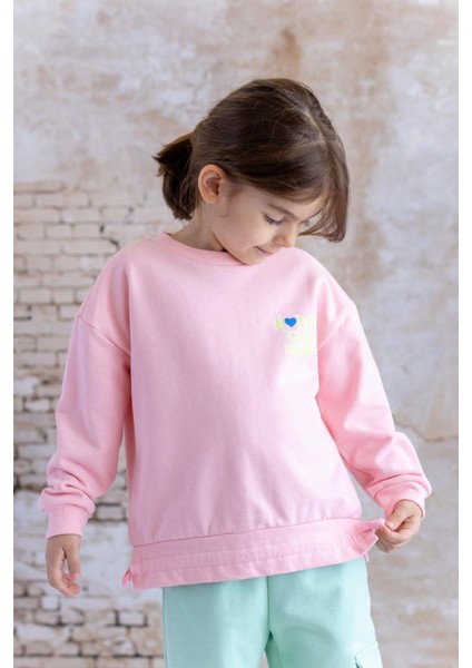 Kız Çocuk Ön Arka Kalp Baskılı Sweatshirt - Pembe