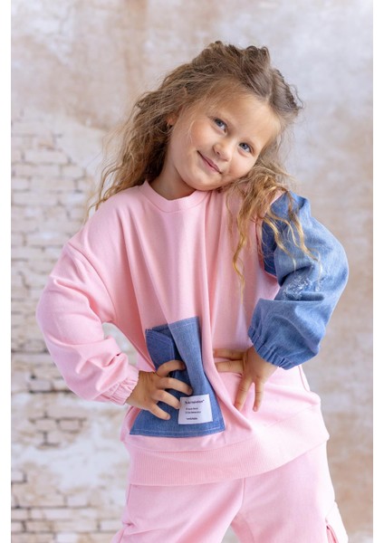 Kız Çocuk Kot Garnili Cep Detaylı Sweatshirt - Pembe