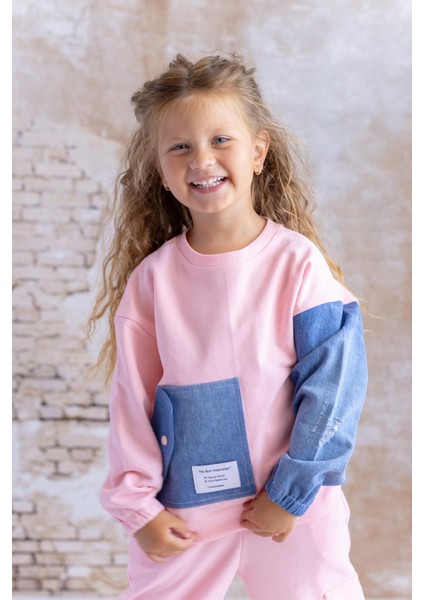 Kız Çocuk Kot Garnili Cep Detaylı Sweatshirt - Pembe modelleri