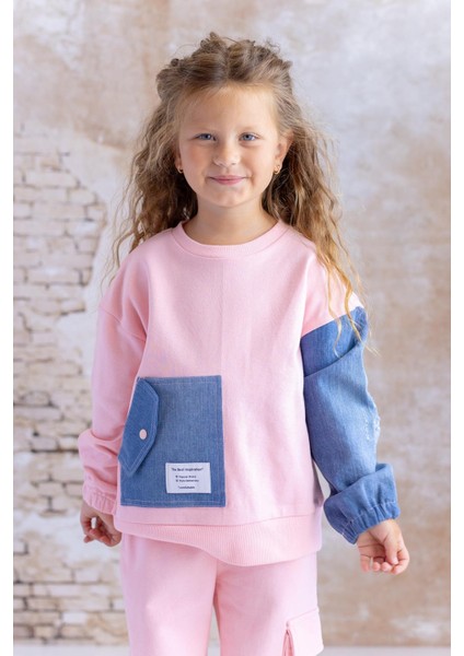 Kız Çocuk Kot Garnili Cep Detaylı Sweatshirt - Pembe fırsatları