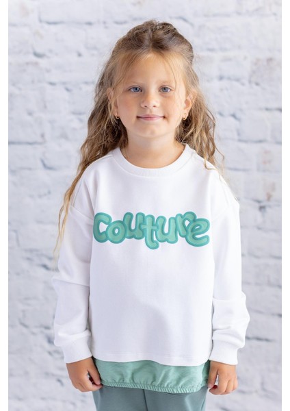 Kız Çocuk Paraşüt Kumaş Garnili Baskılı Sweatshirt - Ekru