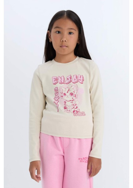 Kız Çocuk Cropped Fit Bisiklet Yaka Baskılı Fitilli Kaşkorse Uzun Kollu Tişört D3430A824WN