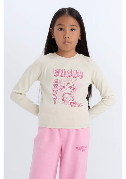 Kız Çocuk Cropped Fit Bisiklet Yaka Baskılı Fitilli Kaşkorse Uzun Kollu Tişört D3430A824WN modelleri