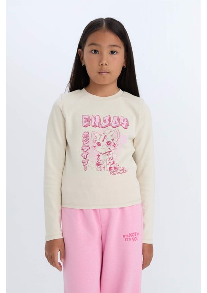 Kız Çocuk Cropped Fit Bisiklet Yaka Baskılı Fitilli Kaşkorse Uzun Kollu Tişört D3430A824WN fırsatları