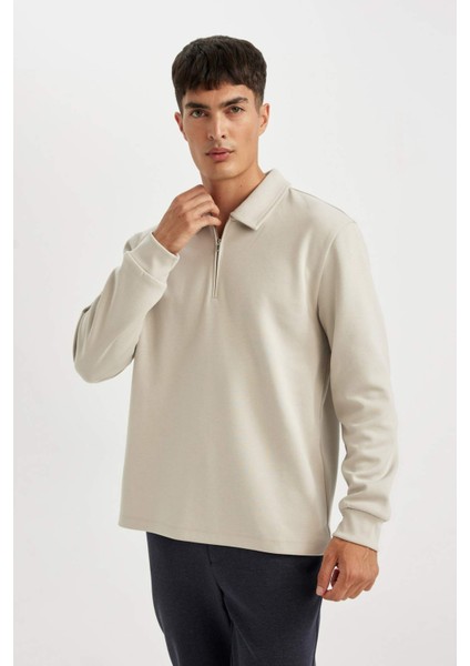 Regular Fit Polo Yaka Yarım Fermuarlı Basic Düz Sweatshirt D2279AX24AU